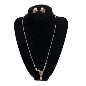SAO Necklace Earring Set Silver Tone Rose Rhinestones Faux Pearl 20" Adjustable